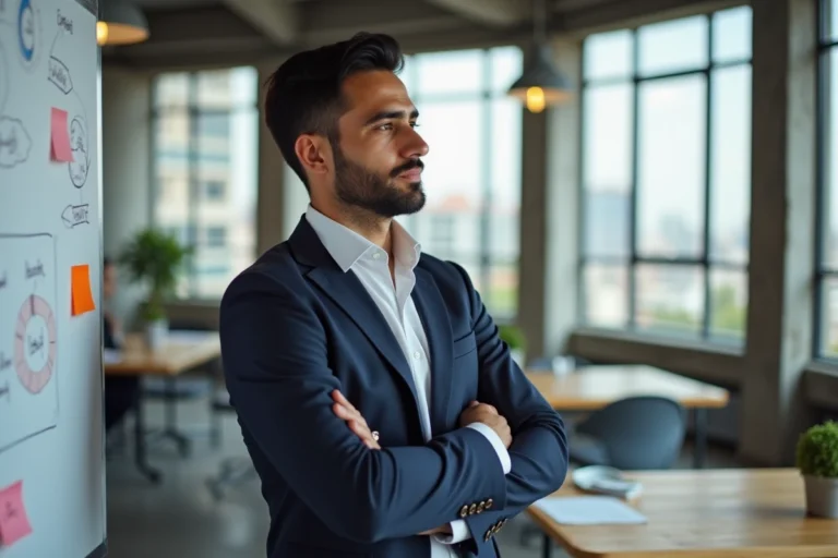 Aaron Nouchy, entrepreneur innovant, debout dans un bureau moderne avec tableau blanc stratégique