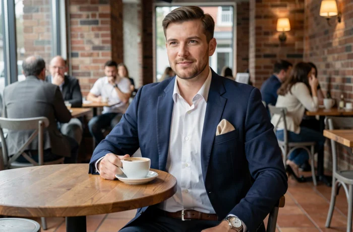 Homme élégant dans un café portant blazer marine, montre classique, ceinture en cuir et pochette en cachemire