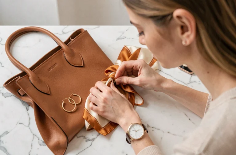 Sélection d'accessoires tendance posés sur marbre blanc : sac en cuir, boucles d'oreilles dorées, foulard en soie et montre minimaliste