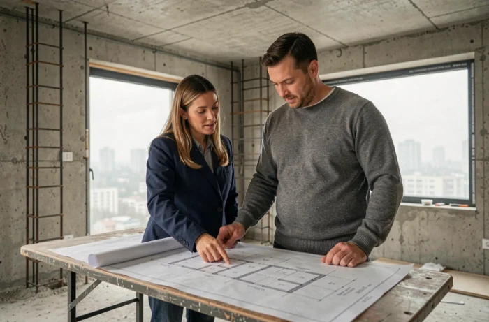 Couple d'acheteurs en VEFA consultant des plans d'architecte dans un appartement en construction à l'étape mise hors d'eau