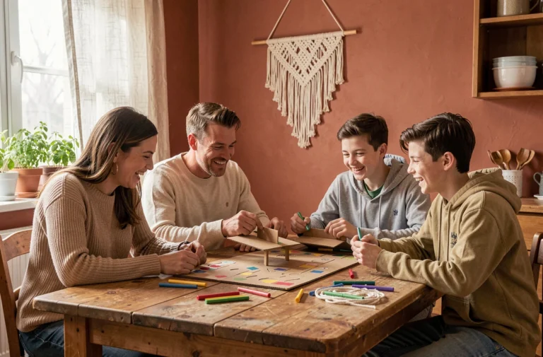 Famille réunie autour d'une table en bois pour fabriquer un jeu de société maison, activité créative en famille au quotidien