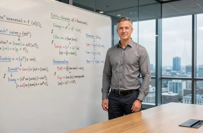 Administrateur de base de données présentant des diagrammes SQL sur un tableau blanc numérique en salle de réunion