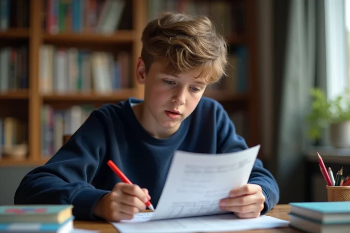 Adolescent de collège révisant un corrigé de rédaction annoté à son bureau à la maison