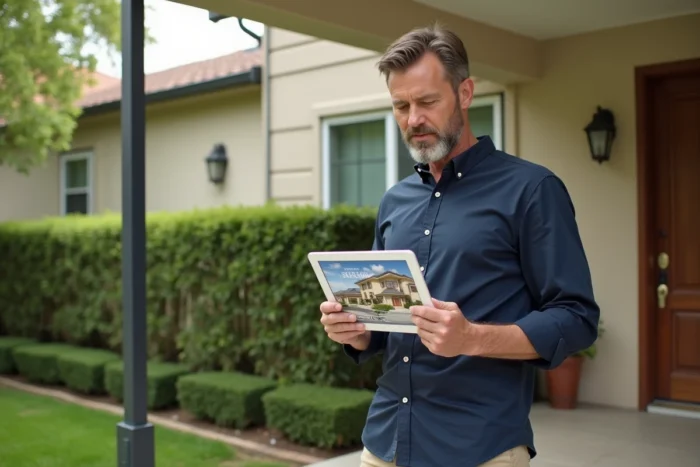 Agent immobilier consultant une application de visite interactive sur tablette devant une maison individuelle en banlieue résidentielle