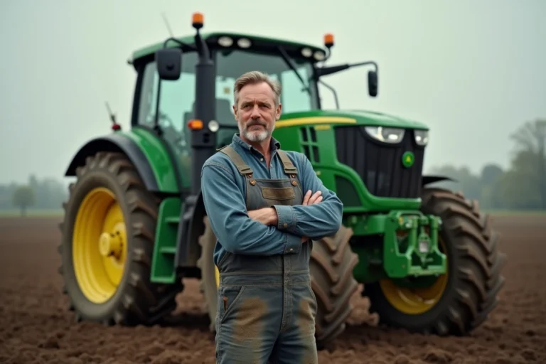 Agriculteur debout près d'un tracteur agricole neuf dans un champ labouré, illustrant l'achat d'un tracteur en 2024