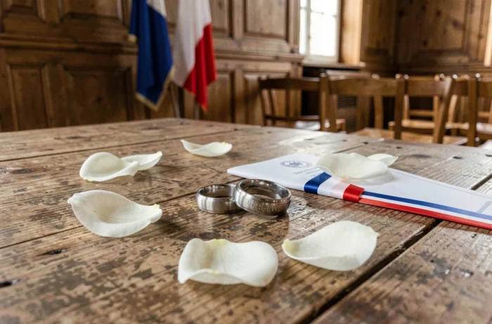 Alliances de mariage posées sur une table en bois dans une mairie française avec pétales de roses blanches et livret de cérémonie