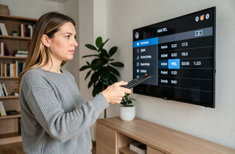 Femme tenant une télécommande TCL pour sélectionner une entrée HDMI sur un téléviseur dans un salon moderne