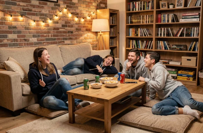Groupe d'amis réunis pour une soirée télé avec snacks et boissons dans un salon convivial