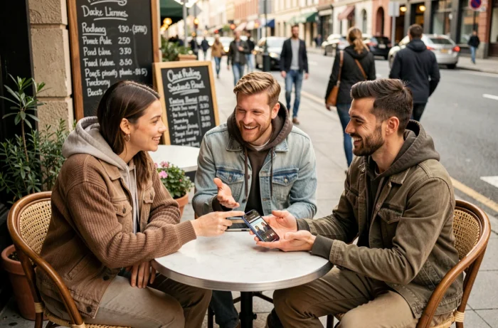 Groupe d'amis discutant d'événements culturels et musicaux autour d'un café en terrasse urbaine, ambiance conviviale et contemporaine