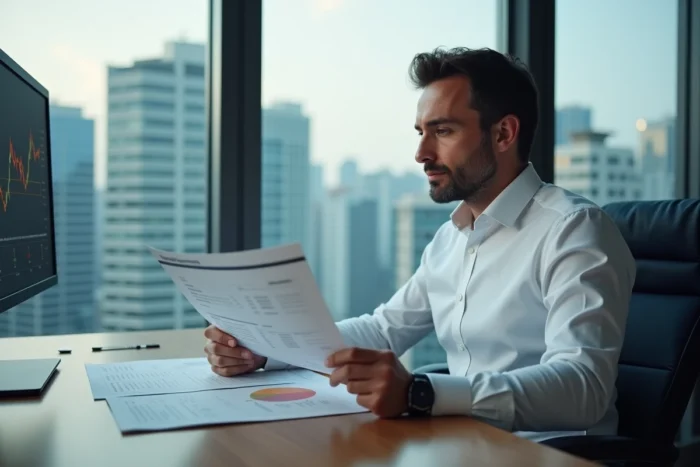 Analyste financier examinant les documents de dividendes TotalEnergies dans un bureau moderne avec vue sur la ville