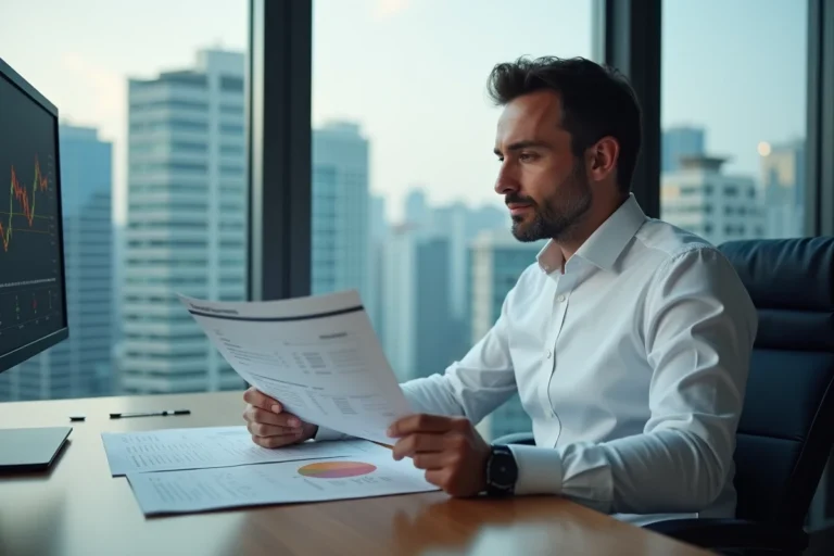 Analyste financier examinant les documents de dividendes TotalEnergies dans un bureau moderne avec vue sur la ville