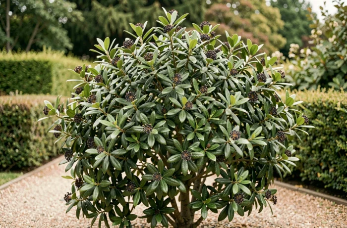 Arbuste de pittosporum kohuhu en floraison dans un jardin naturel, avec son feuillage vert sombre et ses grappes de fleurs caractéristiques