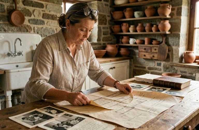 Femme consultant d'anciennes archives photographiques et plans architecturaux d'une maison ancienne sur une table en bois rustique