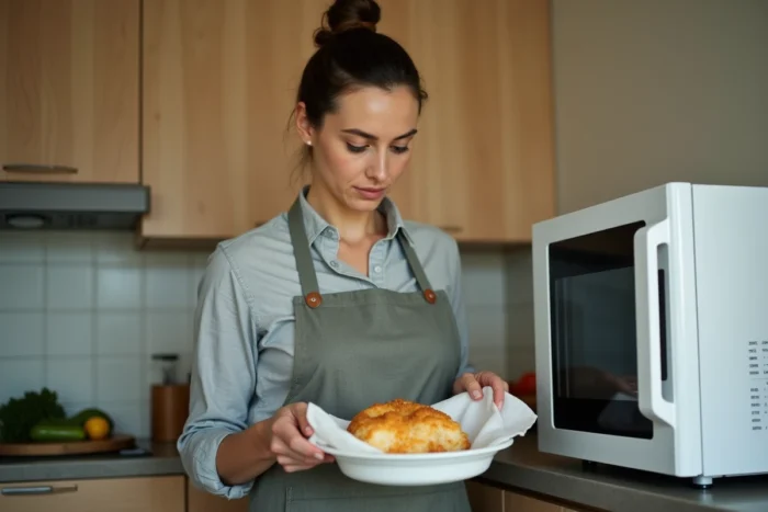 Femme plaçant un essuie-tout humide sur un cordon bleu avant de le réchauffer au micro-ondes pour éviter qu'il se dessèche