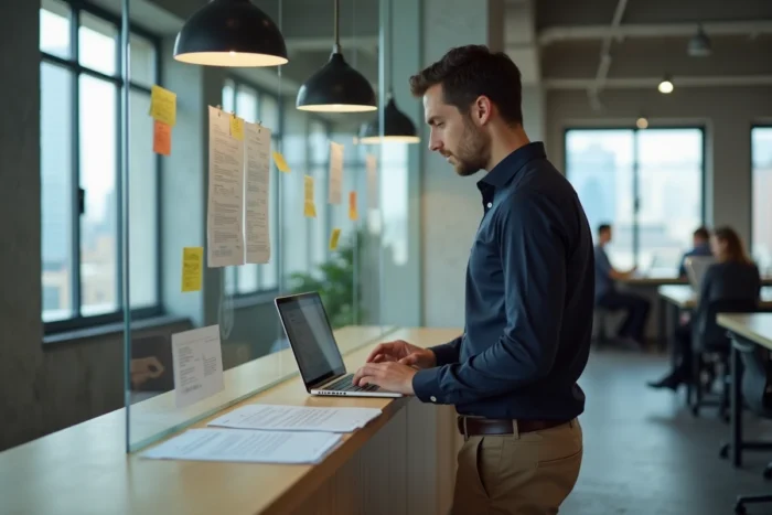 Jeune auto-entrepreneur travaillant sur son projet en ligne dans un espace de coworking moderne