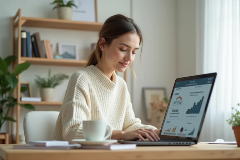 Auto-entrepreneuse en télétravail gérant son business en ligne depuis un bureau à domicile minimaliste