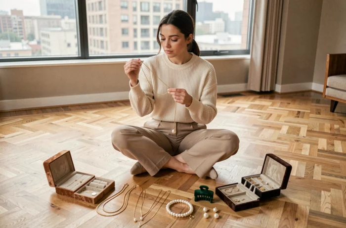 Femme assise entourée de bijoux tendance : colliers dorés, bracelets, boucles d'oreilles en perles et pince à cheveux en velours vert