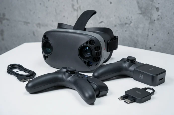 Casque VR Pico 5 et manettes posés sur une surface blanche, vue produit éditoriale