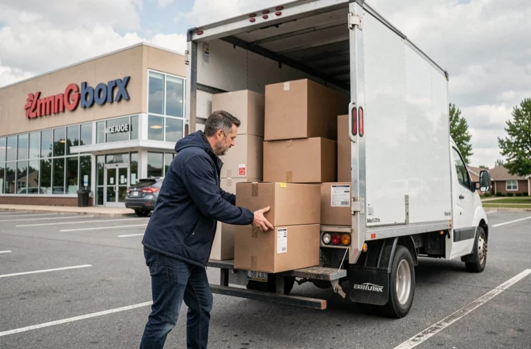 Homme chargeant des meubles en carton dans un camion de déménagement blanc devant un magasin de meubles, illustrant la location gratuite de camion Conforama