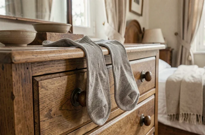 Chaussettes grises posées sur des poignées en bois d'une commode ancienne pour détendre naturellement leur élastique, technique simple à la maison