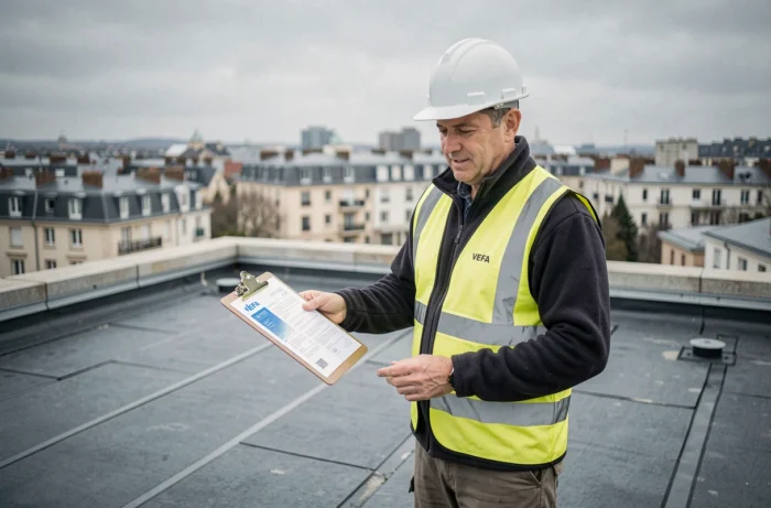Chef de chantier VEFA sur toiture-terrasse étanche inspectant la membrane d'imperméabilisation lors de la mise hors d'eau