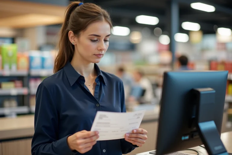 Femme tenant un chèque différé Cora au comptoir du service client d'un supermarché