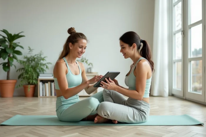 Jeune femme et sa coach discutant d'un programme d'entraînement personnalisé sur tablette dans un studio de bien-être minimaliste