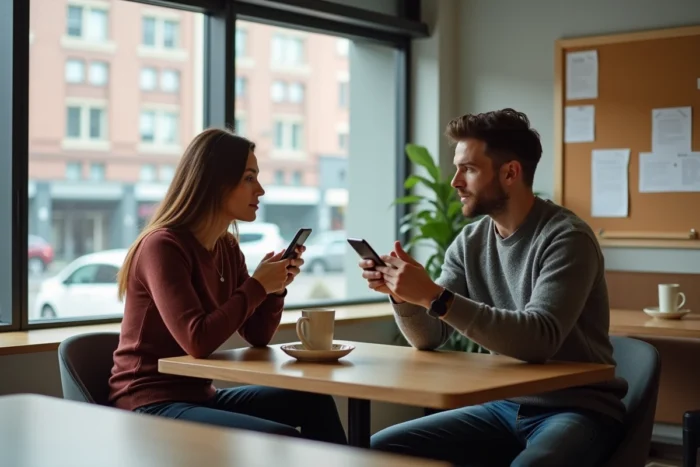 Deux collègues québécois utilisant leur téléphone personnel pendant une pause au travail dans une salle de repos moderne
