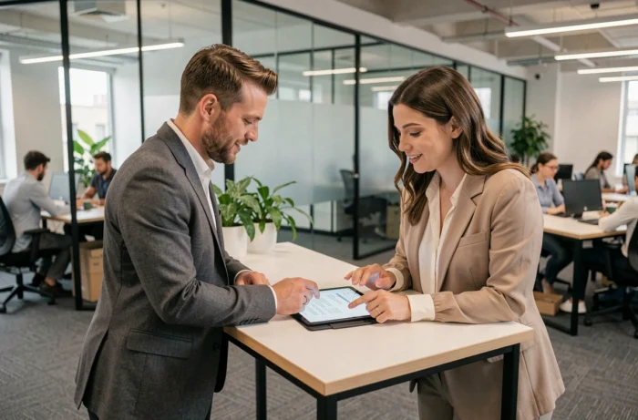 Deux professionnels collaborant sur la révision d'un CV et une stratégie de recherche d'emploi dans un espace de coworking moderne