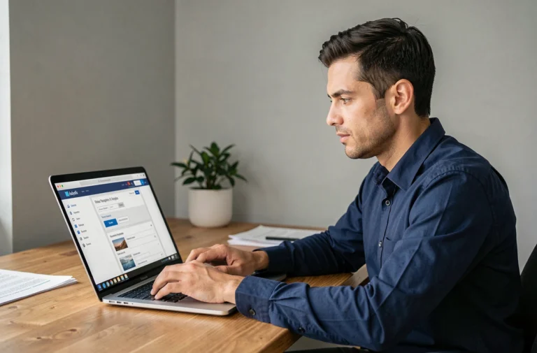 Homme concentré en train de commander un nom de domaine OVH sur un ordinateur portable dans un bureau à domicile