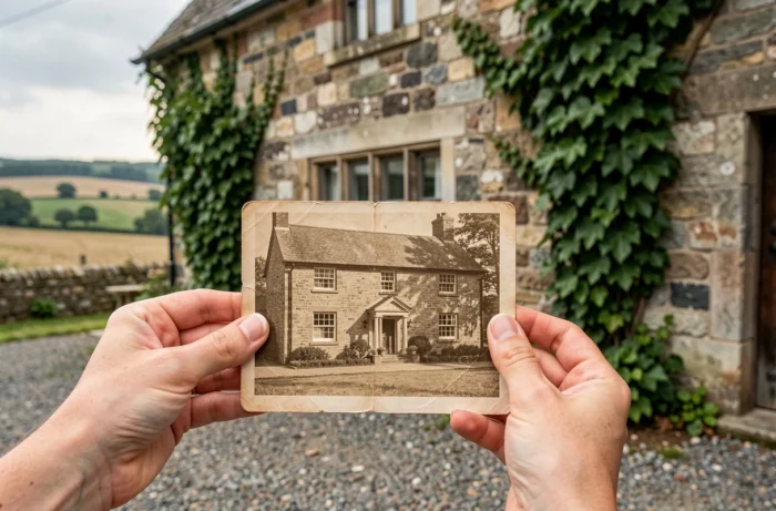 Mains tenant une ancienne photographie d'une ferme en pierre devant la façade réelle du bâtiment pour comparer son évolution historique