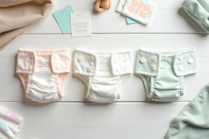 Vue à plat de trois modèles de couches Pampers de différentes gammes comparés côte à côte sur une surface blanche