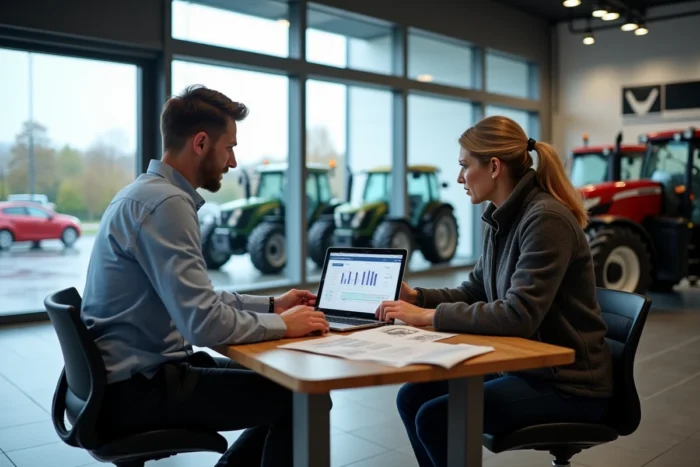 Conseiller commercial et agricultrice discutant du prix d'un tracteur neuf dans une concession agricole