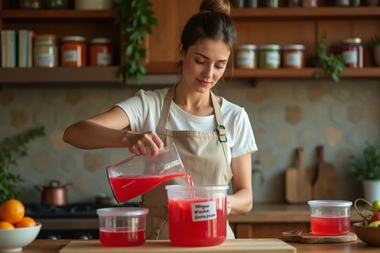 Femme versant du punch fait maison dans des contenants allant au congélateur dans une cuisine rustique