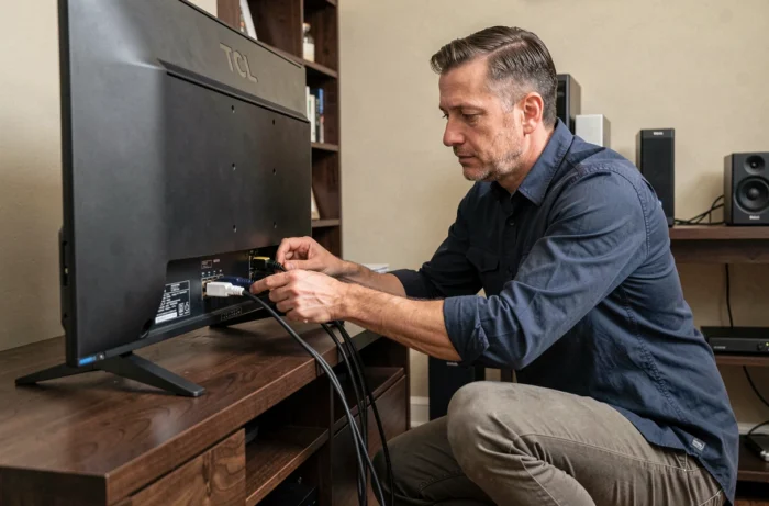 Homme inspectant les ports HDMI au dos d'un téléviseur TCL pour connecter un appareil externe