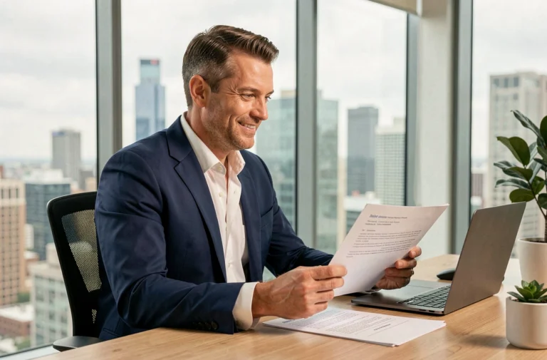 Consultant Geo Adrien Beaujeu assis à son bureau examinant des avis clients dans un bureau moderne en 2026