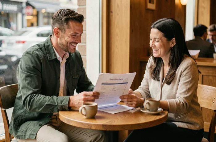 Consultant Geo Adrien Beaujeu en réunion client dans un café discutant des avis et retours d'expérience en 2026