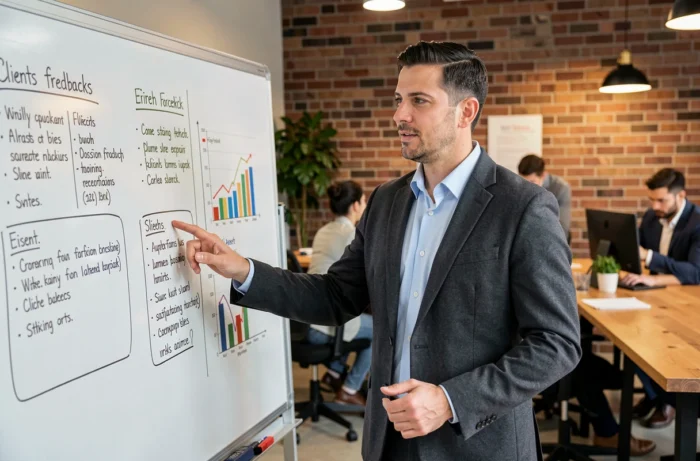 Consultant spécialisé en géo-référencement présentant des retours clients sur tableau blanc dans un espace de co-working