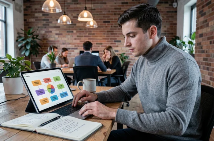 Consultant marketing jeune homme analysant un cadre stratégique 8P sur tablette dans un espace de coworking