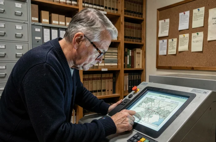Homme consultant une visionneuse de microfilms dans des archives municipales pour retrouver l'histoire d'une propriété ancienne