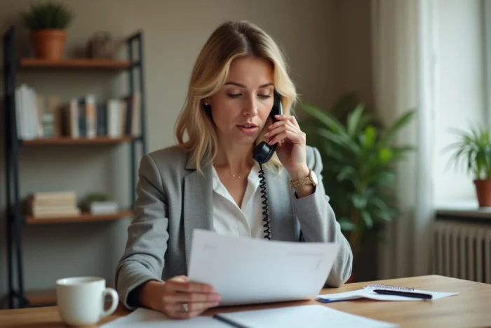 Femme au téléphone consultant des documents liés à sa mutuelle Pacifica dans un bureau à domicile
