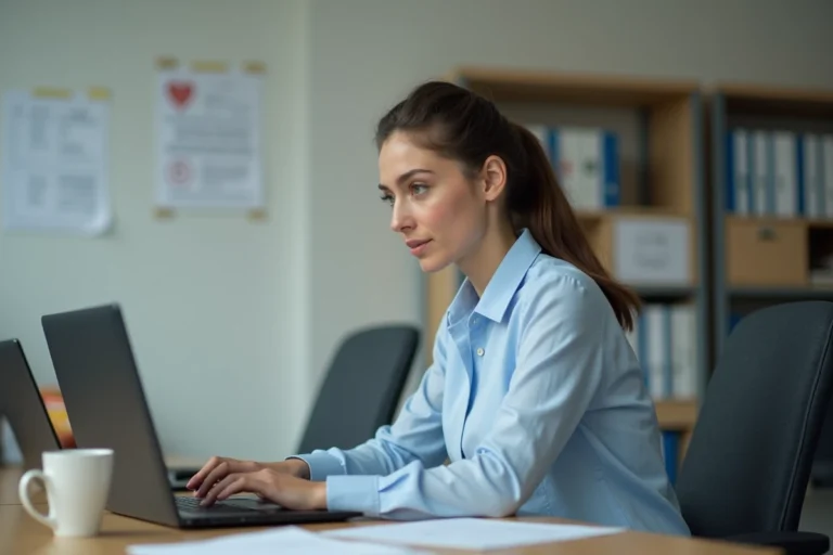 Contractuelle de l'Éducation nationale accédant à sa messagerie PIA sur un ordinateur portable dans un bureau administratif scolaire