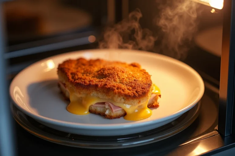 Cordon bleu réchauffé au micro-ondes avec fromage fondu qui s'échappe de la panure dorée sur une assiette blanche