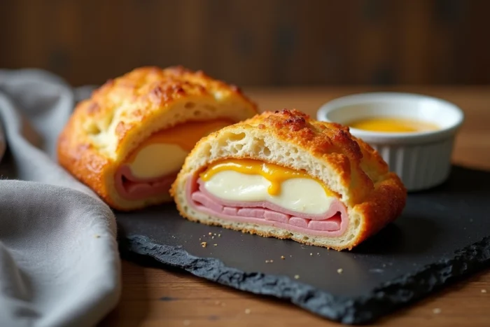 Cordon bleu tranché ouvert sur une ardoise montrant le fromage fondu et le jambon après réchauffage au micro-ondes