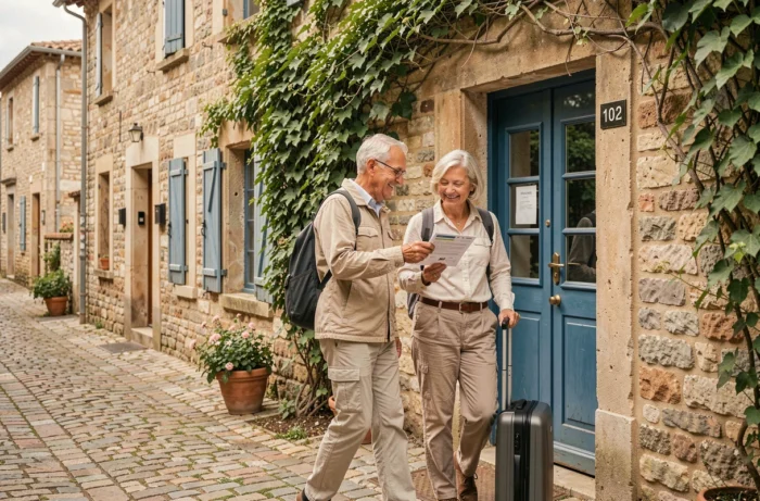 Couple de voyageurs arrivant dans un gîte réservé via Abritel dans un village du sud de la France