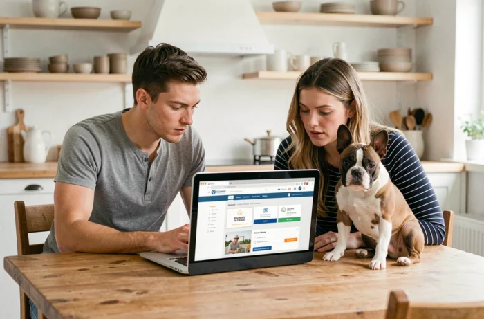 Couple comparant des offres d'assurance santé animale sur un ordinateur portable avec leur bouledogue français