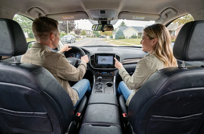 Couple en essai de conduite évaluant l'intérieur d'un SUV d'occasion lors d'un test routier