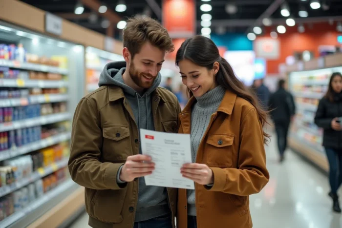 Couple de nouveaux clients Cora consultant un chèque différé et une brochure en magasin