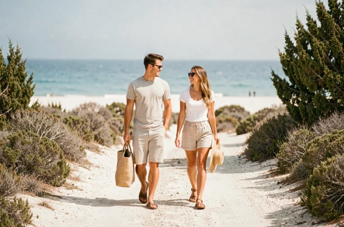 Couple marchant depuis le parking vers la plage La Pelosa à Stintino en Sardaigne en été