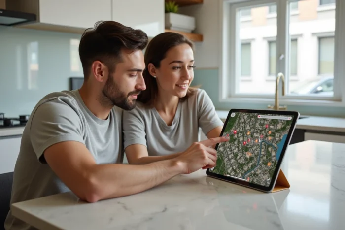 Couple cherchant une maison sur Google Maps avec une tablette dans une cuisine moderne
